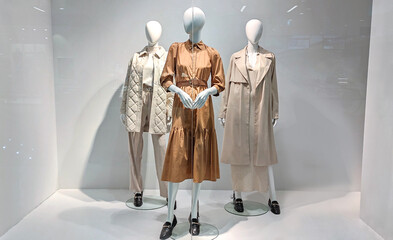 Female mannequins in shop window. Three women dummies show fashionable clothes