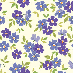 Seamless floral pattern, liberty ditsy print with rustic small bouquets. Delicate botanical design with hand drawn spring flora: tiny blue flowers, leaves on a white background. Vector illustration.