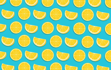 Two different slices of yellow lemon perfect for summer background. Summer bright tropical fruit seamless pattern.