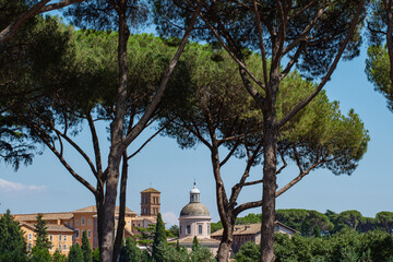 View of Rome with stone pines. Beautiful Italy city landscape.