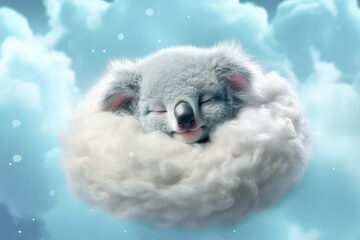 Cute baby Koala sleeping among pink cotton clouds with blue sky. Illustration and generative AI