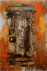 Industrial Opus: A Captivating Fusion of Collages and Paint in Large Canvas Paintings with Orange and Sepia Hues AI generated