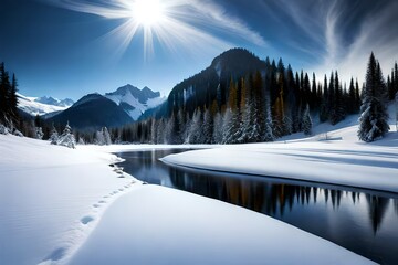 Photo hyperrealistic of first sunlight in the behind the mountain, beautiful winter landscape.