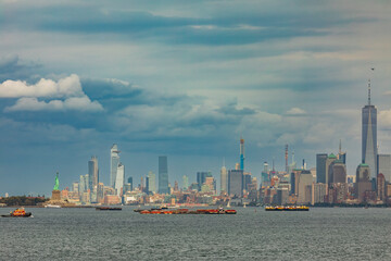 A view of Manhattan skyline with the one World Trade Center  from the Staten Island Ferry in New...