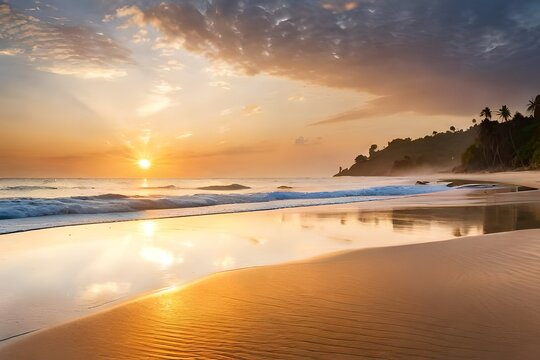 Photo hyperrealistic of closeup sea sand beach. Panoramic beach landscape. Inspire tropical beach seascape horizon. Orange and golden sunset sky calmness tranquil relaxing sunlight summer mood.
