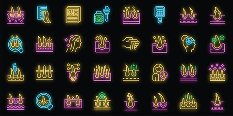 Trichologist icons set outline vector. Medical hair. Clinic treatment neon color on black
