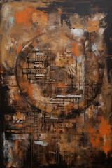 Obraz na płótnie Canvas Industrial Opus: A Captivating Fusion of Collages and Paint in Large Canvas Paintings with Orange and Sepia Hues AI generated
