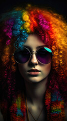 Naklejka premium Disco model, colorful curly hair, sunglasses. Generative AI