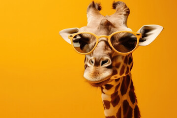 Naklejki  Brighten up your day with this whimsical giraffe in sunglasses on a sunny yellow background. Perfect for a summer vibe. AI Generative.