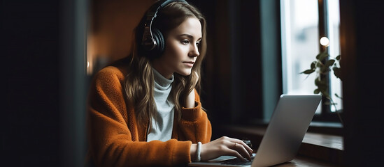 beautiful business woman sitting indoors in office using laptop computer listening to music with headphones, generative ai tools 