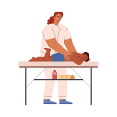 Smiling woman massaging lying child boy flat style, vector illustration