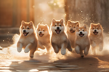 Playful Interaction of Japan Akita Inu Puppies