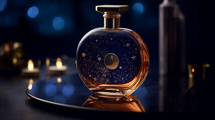 Fototapeta na wymiar A bottle of premium luxery perfume stands on surface, which moon and stars, generative AI tools 