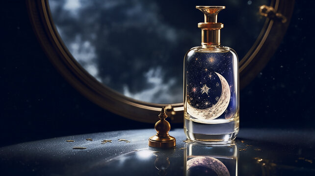 A bottle of premium luxery perfume stands on  surface, which moon and stars, generative AI tools 