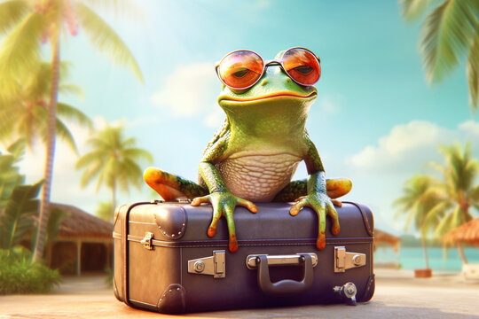 a frog tourist relaxing  at beach vacation at a tropical resort,  funny holiday concept, AI generative