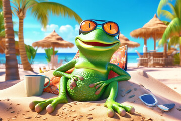 a baby frog tourist relaxing  at beach vacation at a tropical resort,  funny holiday concept, AI generative