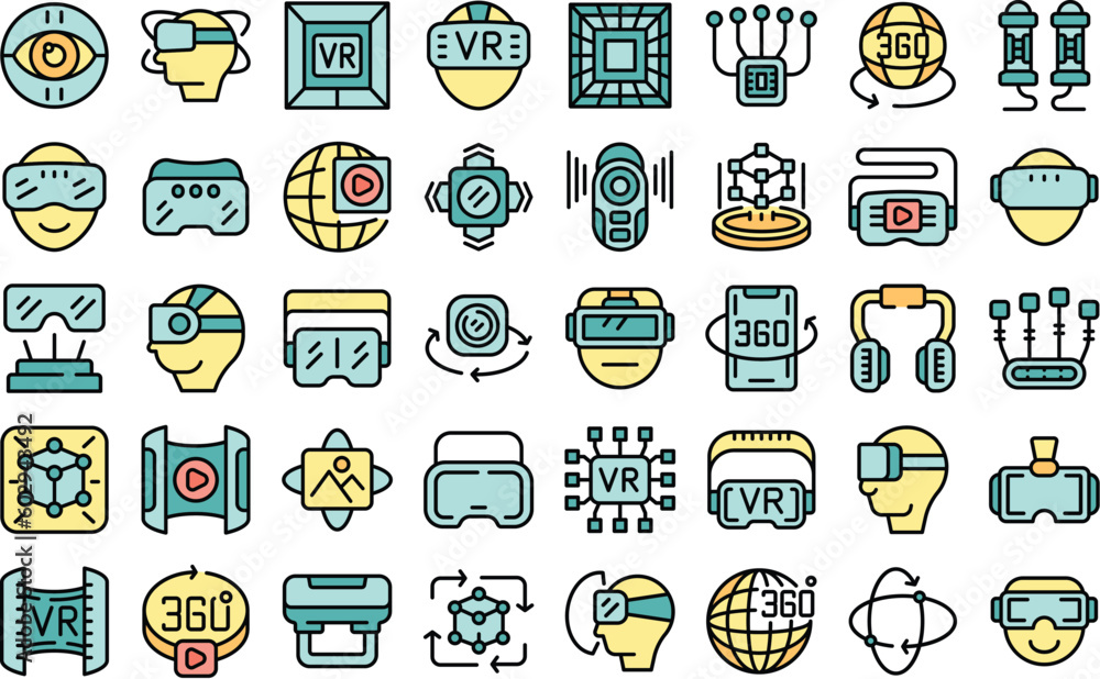 Poster virtual reality helmet icons set outline vector. game vr. virtual reality thin line color flat on wh