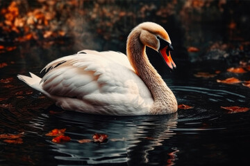 Swan on calm river with sunny light. Generative AI