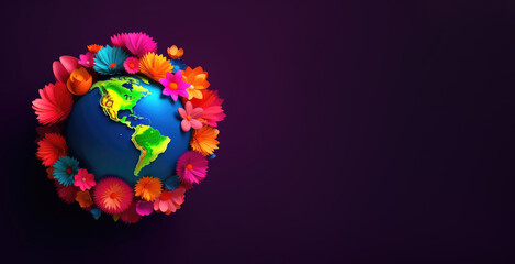 Planet Earth green in flowers and trees, World Day, poster, postcard, banner, copy space, ai generative