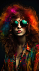 Disco model, colorful curly hair, sunglasses. Generative AI