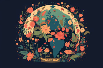 Planet Earth green in flowers and trees, World Day, poster, postcard, banner, copy space, ai generative