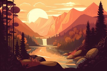 An illustration of the mountains and river, in the style of warm color palette. Generative AI.