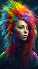 Obraz na płótnie Canvas illustration of portrait of woman with rainbow multi color hair. Generative AI