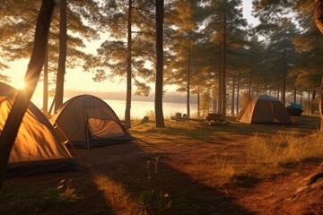 Camping tents in the forest at sunrise. Created with Generative AI tools