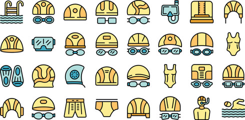 Swimming cap icons set outline vector. Swim pool. Water cap thin line color flat on white