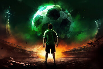 Image of a soccer player standing by a giant soccer ball in the sky, digital fantasy landscape style, dark green color. Generative AI.