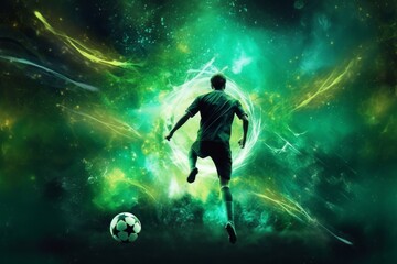 Image of soccer player in green field full screen wallpaper, in the style of cosmic themes. Generative AI.