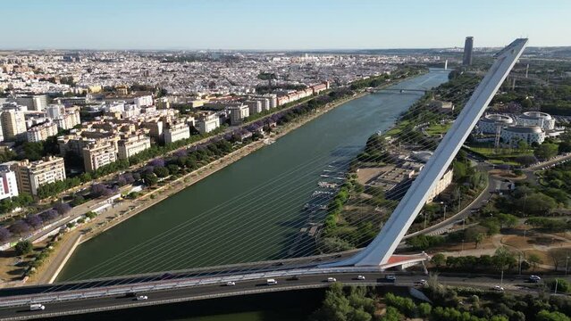 Aerial view of Puente del Alamillo (Alamillo Bridge), Seville, Andalusia, Spain