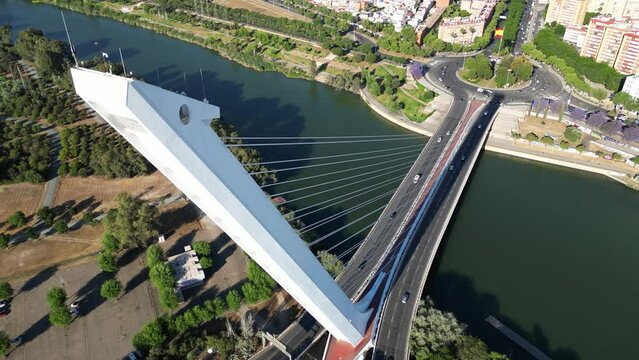 Drone view of Puente del Alamillo (Alamillo Bridge), Seville, Andalusia, Spain