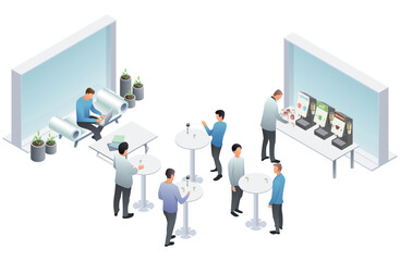 Coworking workplace brainstorming and discussion isolated. Indicators and coaching. Vector isometric, 3d. Coworkers office concept with characters. Freelancer concept, coworking people