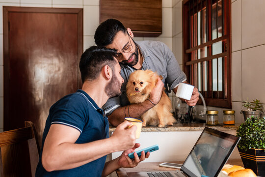 happy gay couple looking at dog and petting it at table