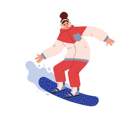 Female snowboarder character going down the mountain, flat vector isolated.