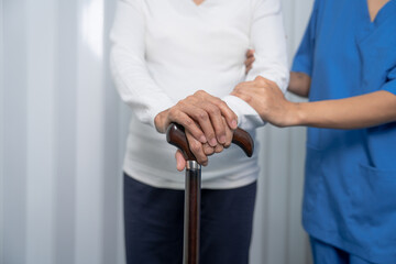 Attentive practitioner nurse assisting physical therapy elderly woman on a walking wood standard cane in disability nursing rehabilitation center, physical therapy encourage hands.