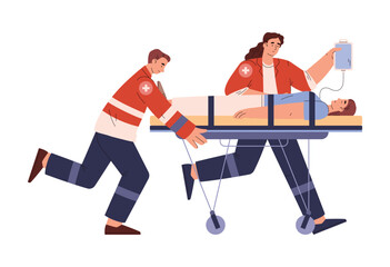 Paramedics team rushing with patient on stretcher, flat vector illustration isolated on white background.