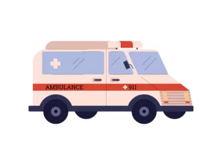Zelfklevend Fotobehang Ambulance car medical van side view, flat cartoon vector illustration isolated. © Kudryavtsev