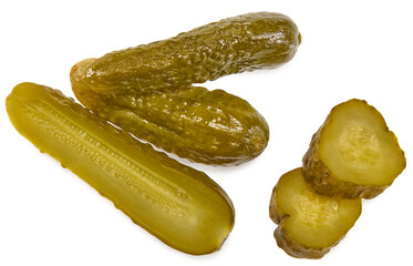 marinated pickled cucumbers with slices isolated on white background. Clipping path and full depth of field. Top view