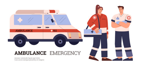 Medicine ambulance emergency service and help, flat cartoon vector illustration. © Kudryavtsev