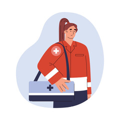 Paramedic woman holding first aid bag, flat vector illustration isolated on white background.