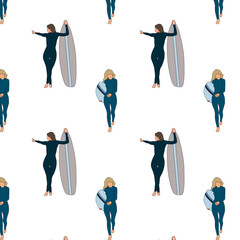 Surf girl decorative pattern with people riding on surfboard over waves flat isolated flat illustration on white background.