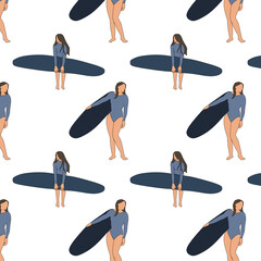 Surf girl decorative pattern with people riding on surfboard over waves flat isolated flat illustration on white background.