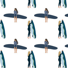 Surf girl decorative pattern with people riding on surfboard over waves flat isolated flat illustration on white background.