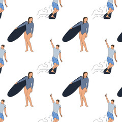 Surf girl decorative pattern with people riding on surfboard over waves flat isolated flat illustration on white background.
