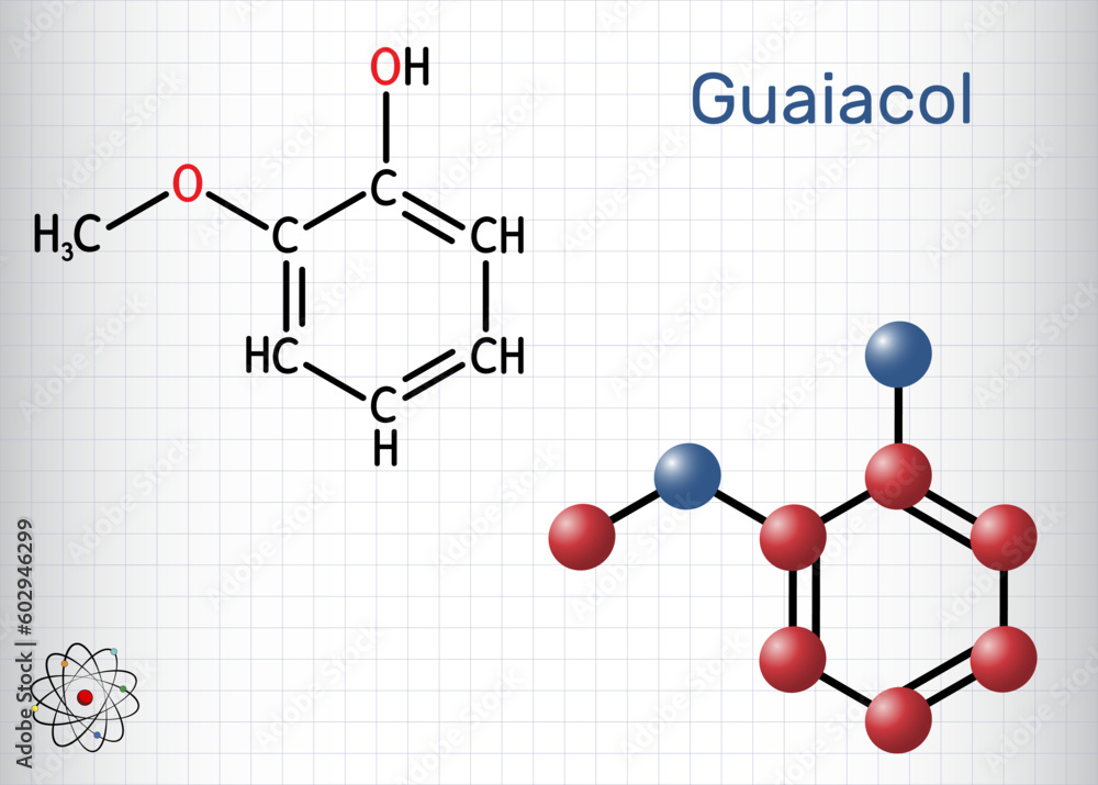 Poster Guaiacol molecule. It is expectorant, disinfectant, plant metabolite. Present in wood smoke. Structural chemical formula, molecule model. Sheet of paper in a cage