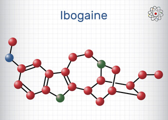 Ibogaine molecule. It is monoterpenoid indole alkaloid, psychoactive substance, hallucinogen, psychedelic. Structural chemical formula, molecule model. Sheet of paper in a cage