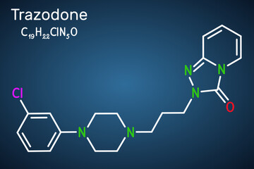 Trazodone molecule. It is antidepressant, used to treat major depressive disorder. Structural chemical formula on the dark blue background