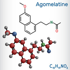 Agomelatine molecule. It is atypical antidepressant,  used to treat major depressive disorder. Structural chemical formula, molecule model.